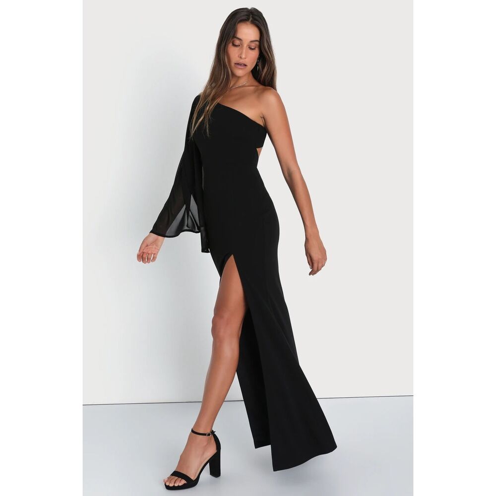 Lulus Majestic Attitude Black Cape Sleeve One-Shoulder Maxi Dress Size L NWT - Picture 3 of 9